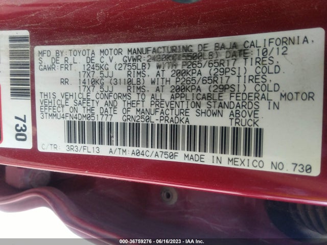 2013 TOYOTA TACOMA VIN: 3TMMU4FN4DM051777
