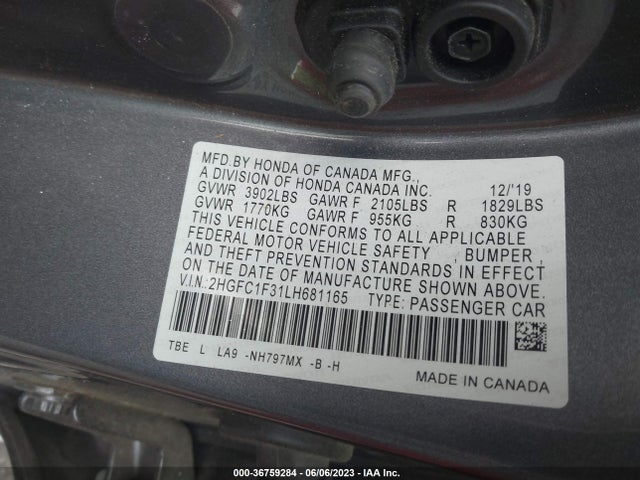2020 HONDA CIVIC SEDAN EX VIN: 2HGFC1F31LH681165