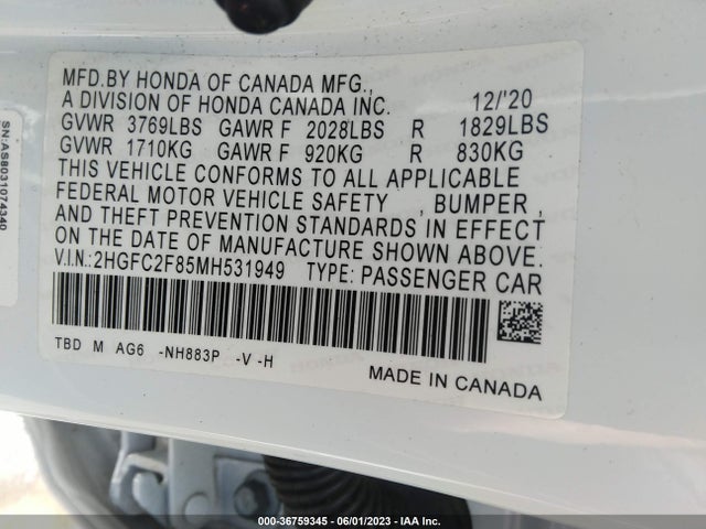 2021 Honda Civic, VIN: 2HGFC2F85MH531949