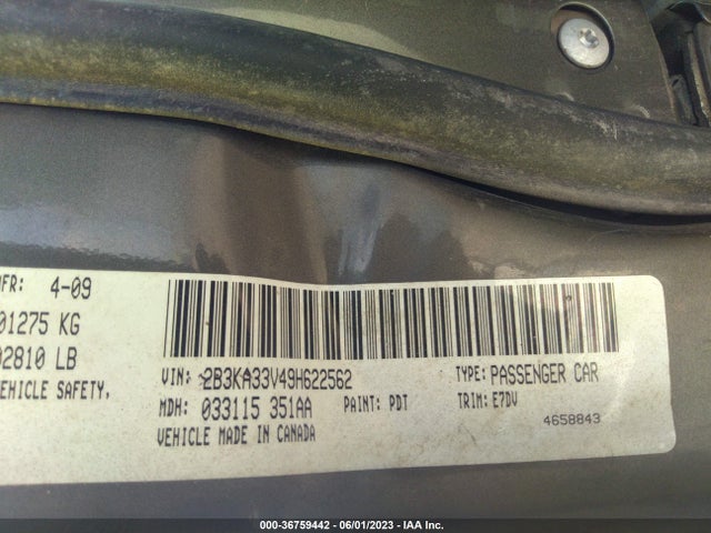 2009 DODGE CHARGER SXT VIN: 2B3KA33V49H622562