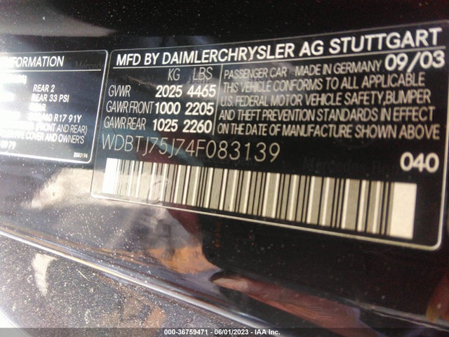 2004 MERCEDES-BENZ CLK-CLASS 5.0L VIN: WDBTJ75J74F083139