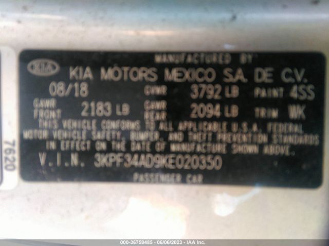 3KPF34AD9KE020350 KIA FORTE S