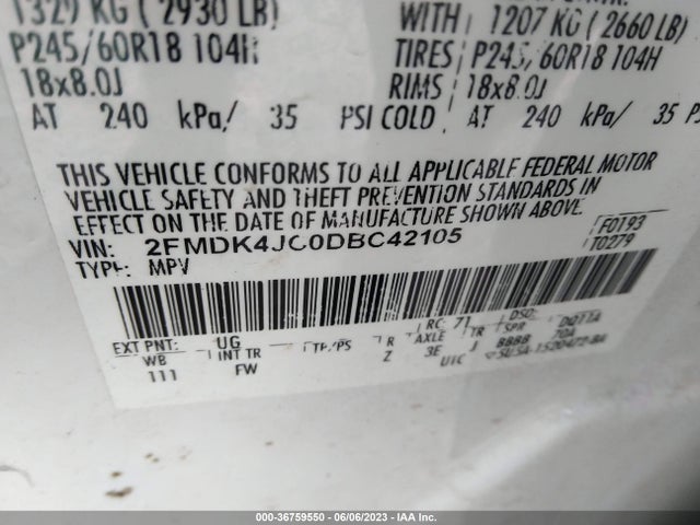 2013 FORD EDGE SEL VIN: 2FMDK4JC0DBC42105