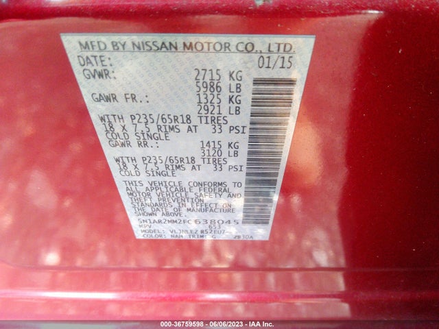 2015 NISSAN PATHFINDER SV VIN: 5N1AR2MM2FC638045