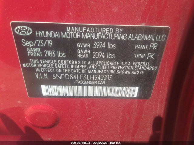 2020 HYUNDAI ELANTRA SEL VIN: 5NPD84LF3LH542217