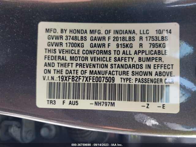 Honda CIVIC SE 2015 19XFB2F7XFE007509 Image 9