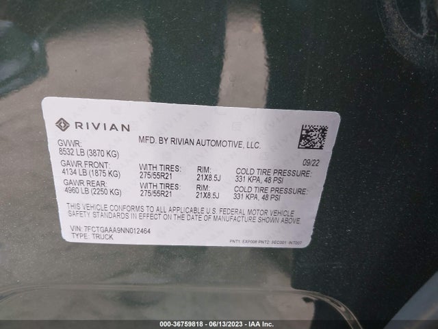 Rivian R1t Adventure Package 2022 7FCTGAAA9NN012464 Image 9