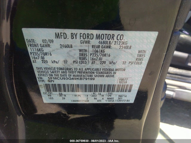 2009 FORD ESCAPE XLT VIN: 1FMCU93G49KB79199