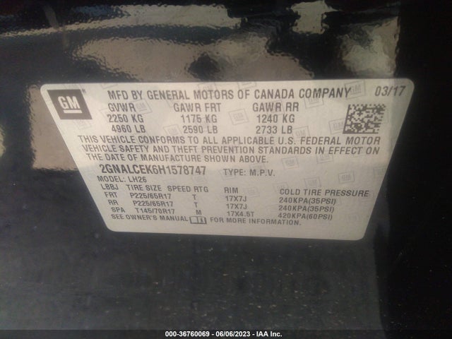 2017 CHEVROLET EQUINOX LT VIN: 2GNALCEK6H1578747