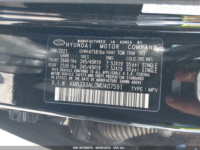 2021 HYUNDAI TUCSON SPORT VIN: KM8J33AL0MU407591