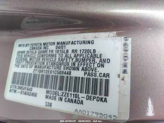 Продаж на аукціоні авто 2001 Toyota Corolla Ce/s/le, vin: 2T1BR12E61C509448, номер лоту: 36760197
