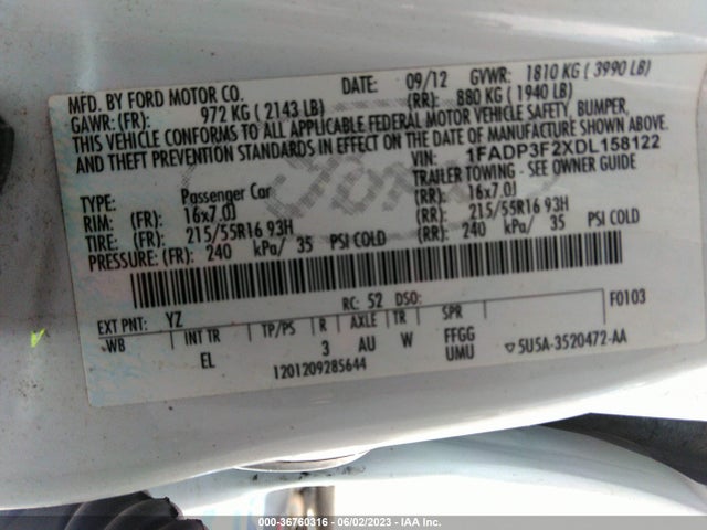 2013 FORD FOCUS SE VIN: 1FADP3F2XDL158122