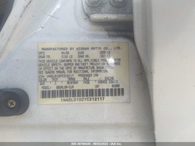 2000 NISSAN ALTIMA XE/GXE/SE/GLE VIN: 1N4DL01D2YC212117