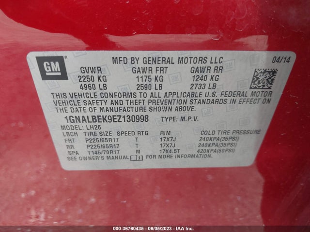 Chevrolet EQUINOX LT 2014 1GNALBEK9EZ130998 Image 9