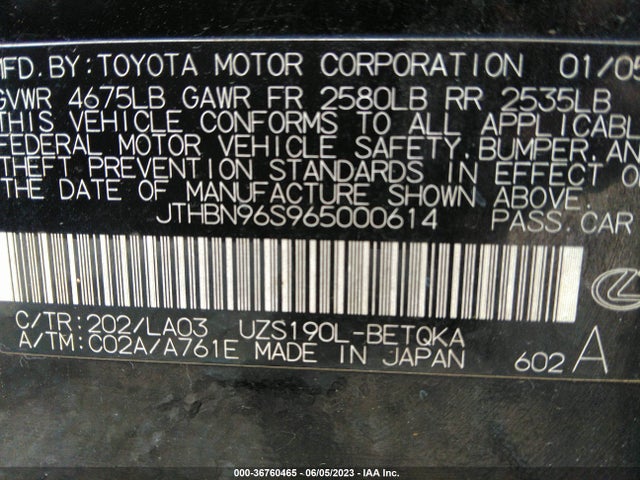 2006 LEXUS GS 430 VIN: JTHBN96S965000614
