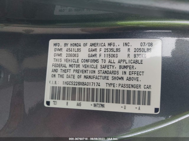 2008 HONDA ACCORD CPE EX-L VIN: 1HGCS228X8A017174