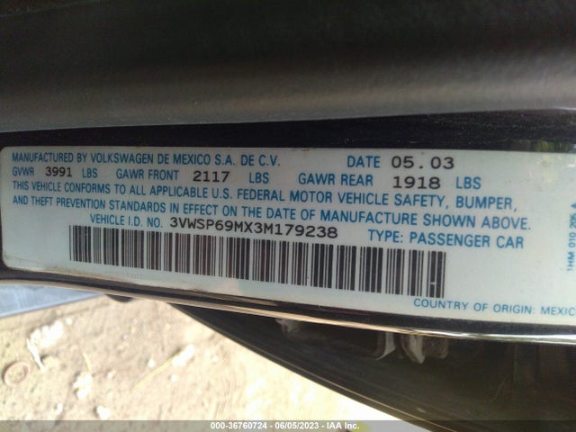 2003 VOLKSWAGEN JETTA GLS VIN: 3VWSP69MX3M179238