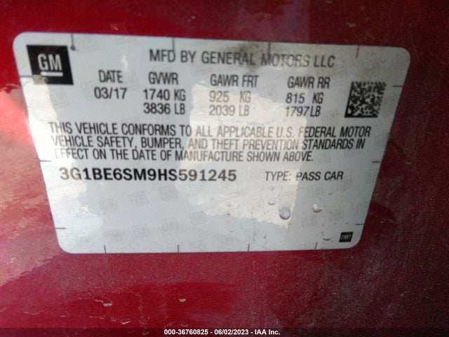 Chevrolet CRUZE LT 2017 3G1BE6SM9HS591245 Image 9