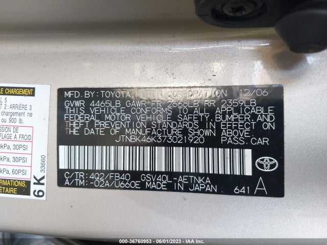 2007 TOYOTA CAMRY LE/SE/XLE VIN: JTNBK46K373021920