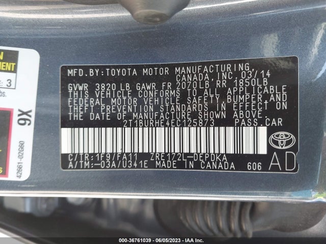 2014 TOYOTA COROLLA L/LE/S/S PLUS/LE PLUS VIN: 2T1BURHE4EC125873