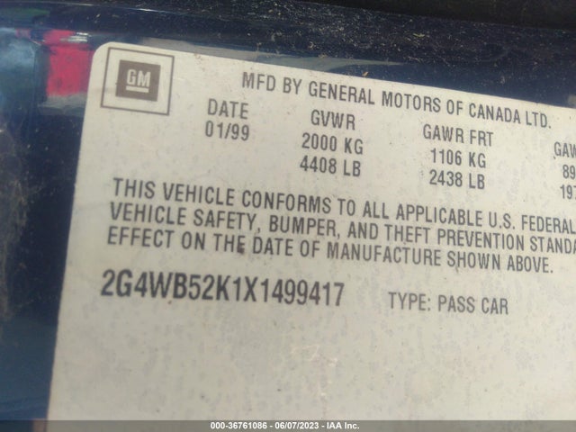 1999 BUICK REGAL LS/LSE VIN: 2G4WB52K1X1499417