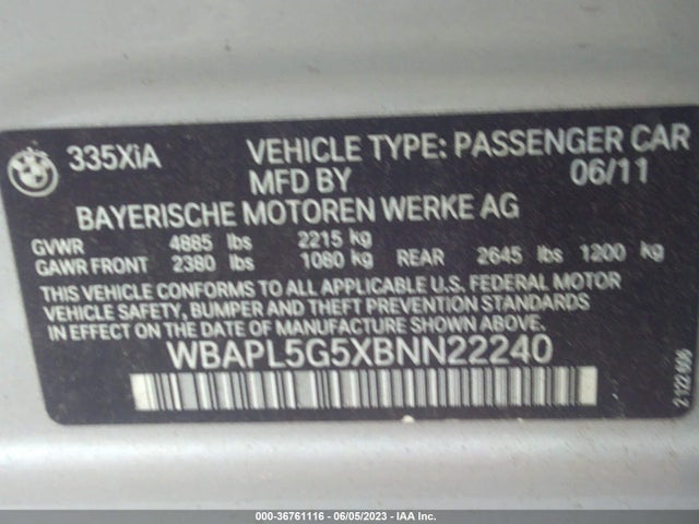 2011 BMW 3 SERIES 335I XDRIVE VIN: WBAPL5G5XBNN22240