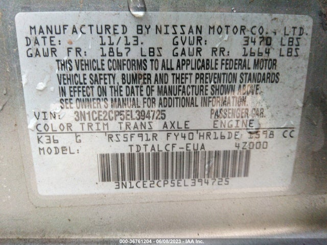 Nissan Versa Note S (sr) 2014 3N1CE2CP5EL394725 Image 9