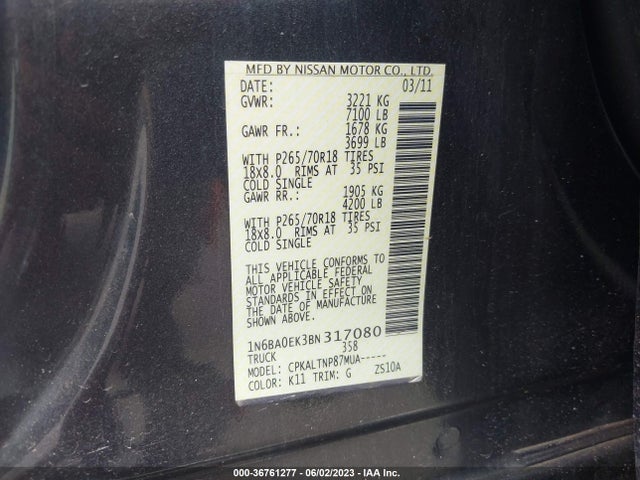 2011 NISSAN TITAN SV VIN: 1N6BA0EK3BN317080