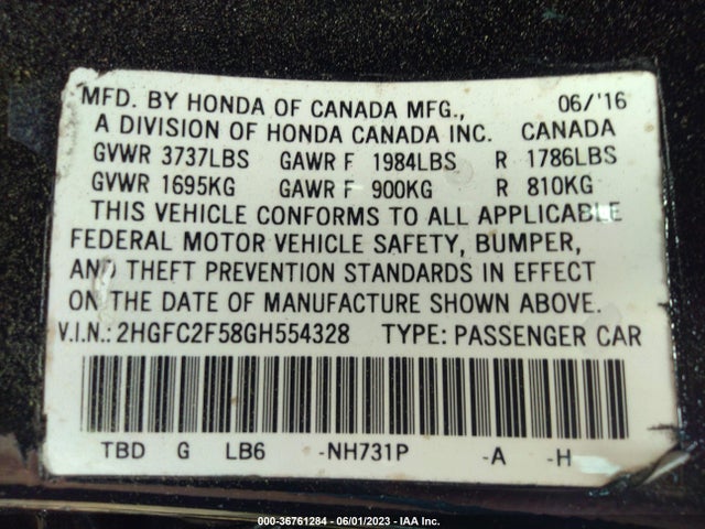 2016 HONDA CIVIC SEDAN LX VIN: 2HGFC2F58GH554328
