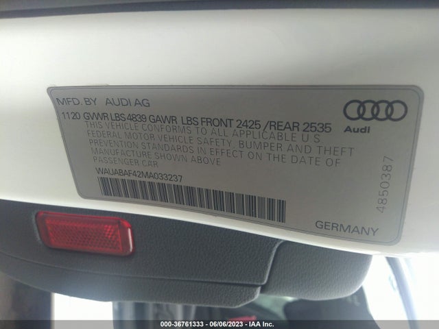 2021 AUDI A4 PREMIUM 40 TFSI QUATTRO S TRONIC VIN: WAUABAF42MA033237
