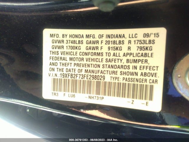 2015 HONDA CIVIC SEDAN SE VIN: 19XFB2F73FE298029