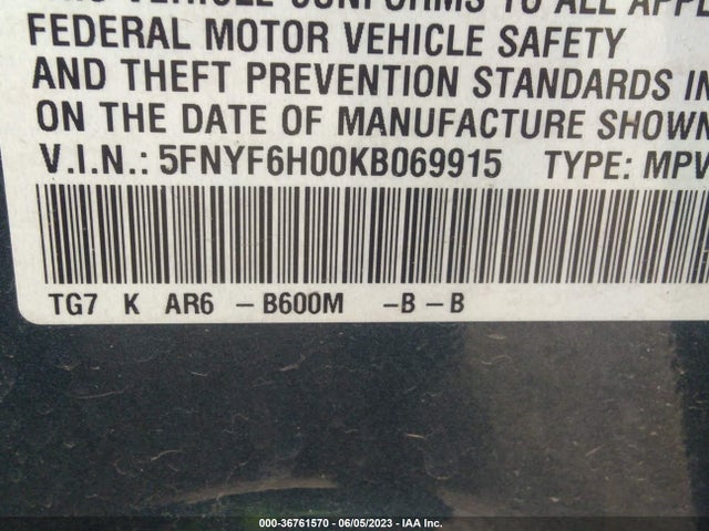 Honda Pilot Elite 2019 5FNYF6H00KB069915 Image 9
