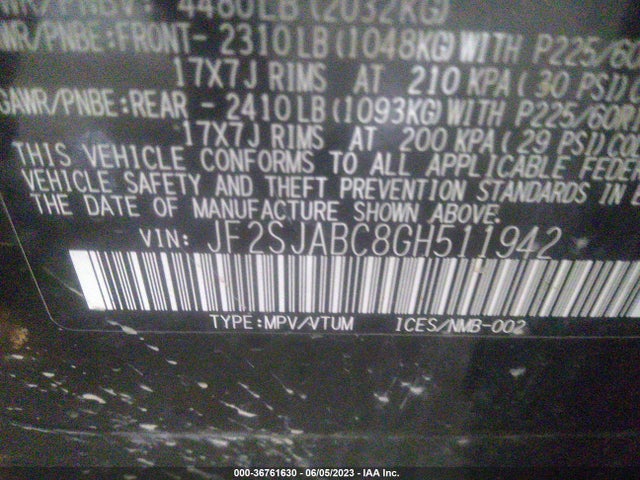 2016 SUBARU FORESTER 2.5I VIN: JF2SJABC8GH511942