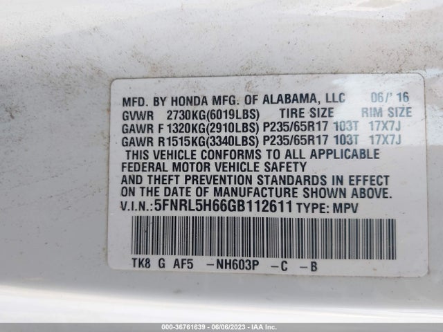 Aukcja sprzedaży 2016 Honda Odyssey Ex-l, vin: 5FNRL5H66GB112611, numer aukcji: 36761639
