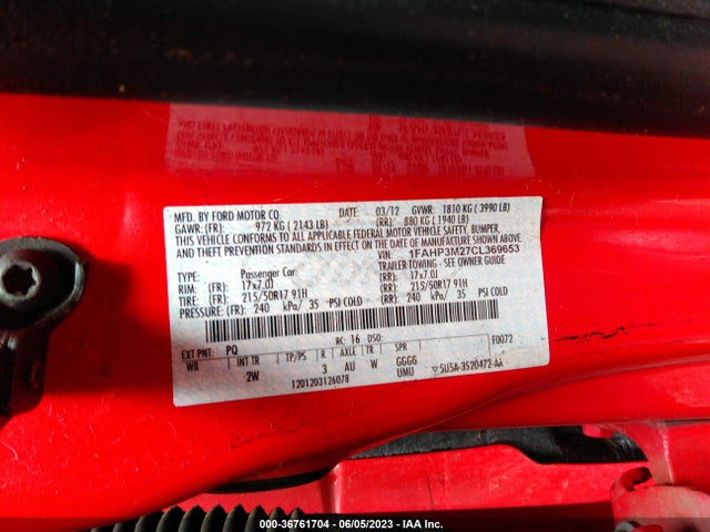 2012 FORD FOCUS SEL VIN: 1FAHP3M27CL369653