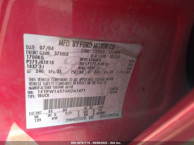 2004 FORD F-150 XLT/FX4/LARIAT VIN: 1FTPW14574KD61471