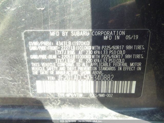 JF2GTACC5KH340882 Subaru Crosstrek Premium