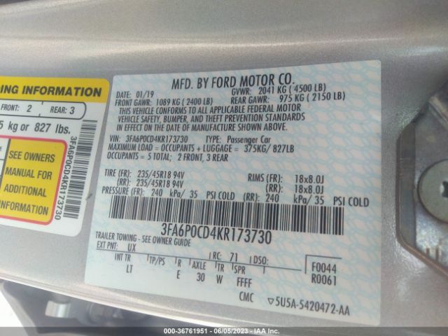 3FA6P0CD4KR173730 Ford FUSION SEL
