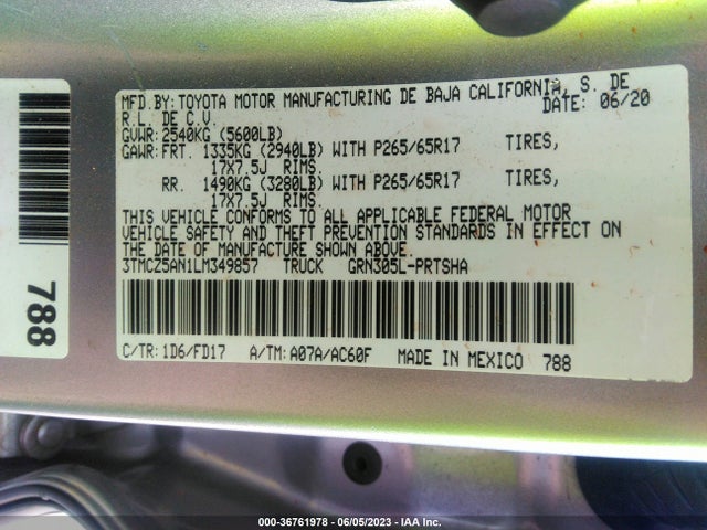 2020 TOYOTA TACOMA 4WD TRD SPORT VIN: 3TMCZ5AN1LM349857