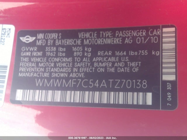 2010 MINI COOPER HARDTOP S VIN: WMWMF7C54ATZ70138