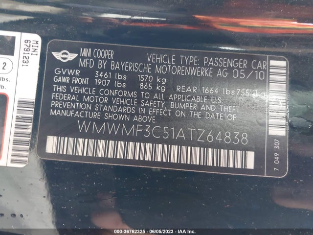 2010 MINI COOPER HARDTOP WMWMF3C51ATZ64838 Photo 8