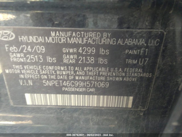 2009 HYUNDAI SONATA GLS VIN: 5NPET46C99H571069