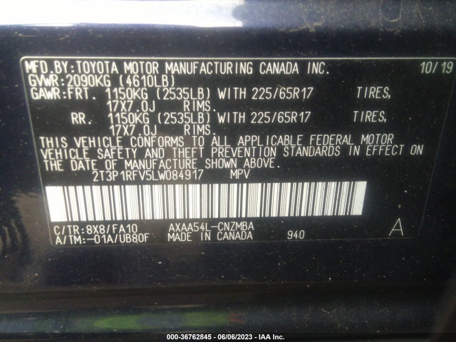 2020 TOYOTA RAV4 XLE VIN: 2T3P1RFV5LW084917