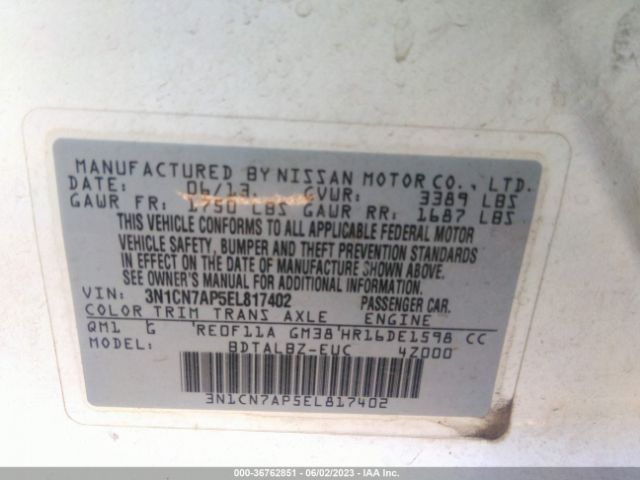 3N1CN7AP5EL817402 Nissan VERSA SV