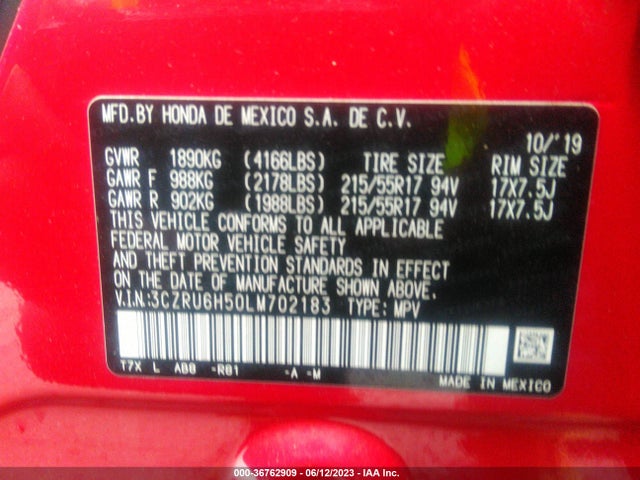 2020 HONDA HR-V EX VIN: 3CZRU6H50LM702183