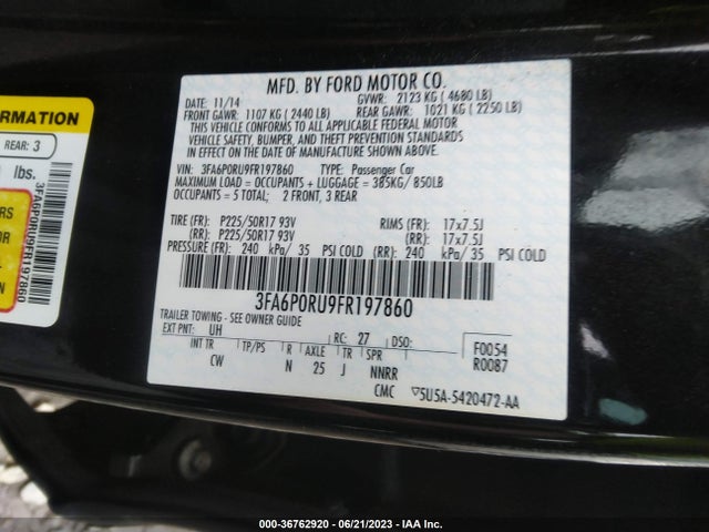 2015 FORD FUSION TITANIUM HYBRID VIN: 3FA6P0RU9FR197860