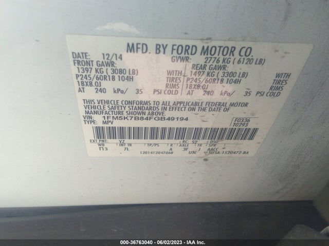 Ford Explorer Base 2015 1FM5K7B84FGB49194 Image 10