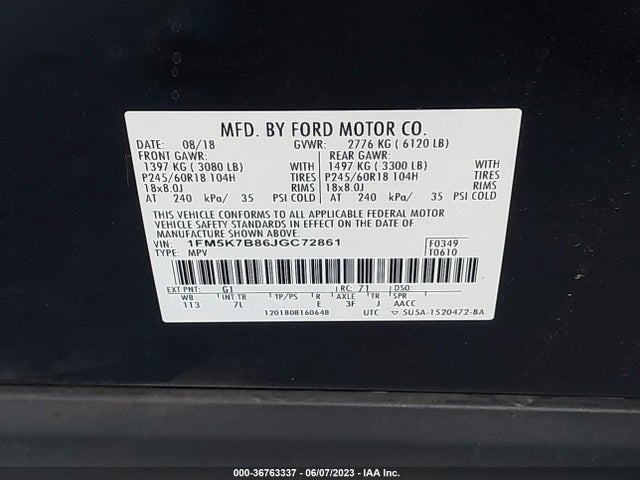 2018 FORD EXPLORER BASE VIN: 1FM5K7B86JGC72861