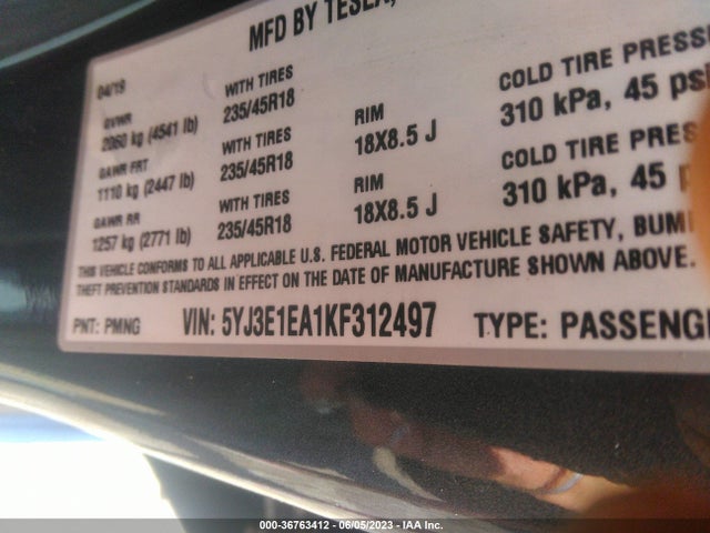 2019 Tesla 3, VIN: 5YJ3E1EA1KF312497