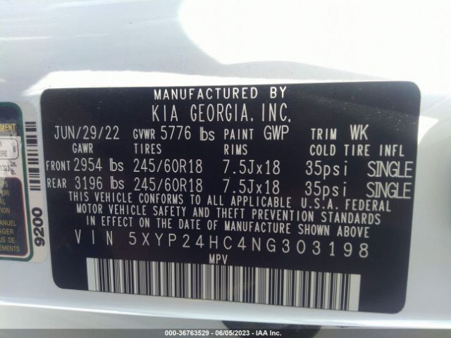 5XYP24HC4NG303198 KIA Telluride Lx